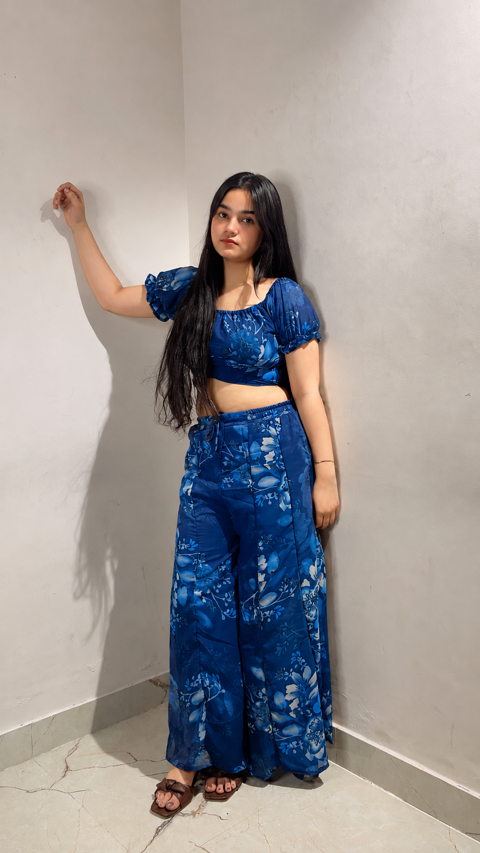 Floral Print Georgette Puff Sleeve Crop Top Palazzo Co-ord Set | Free Size