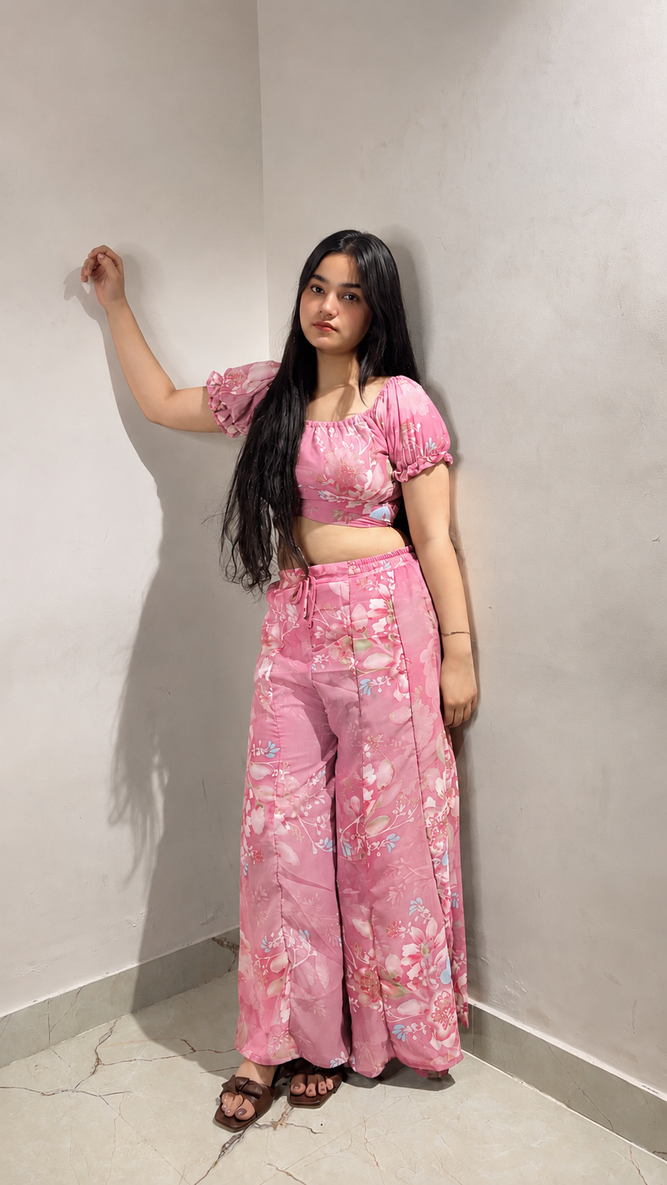 Floral Print Georgette Puff Sleeve Crop Top Palazzo Co-ord Set | Free Size