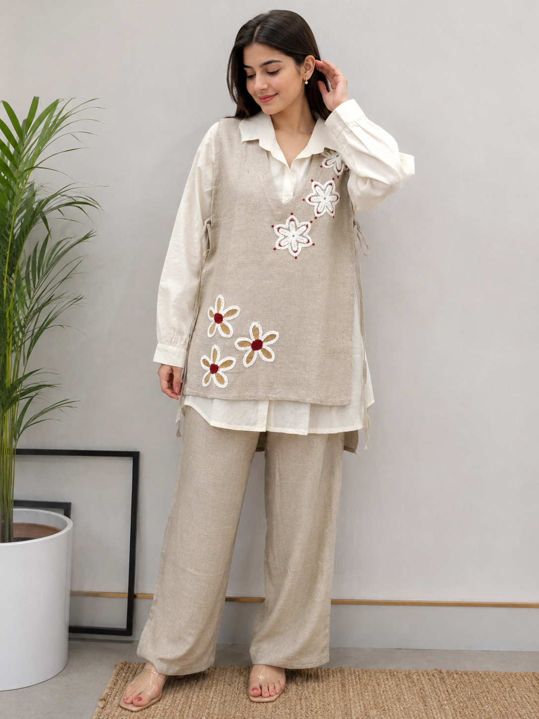 Natural Beige Jute Cotton 3-Piece Co-ord Set - Model Full Length Front View with Floral Jacket