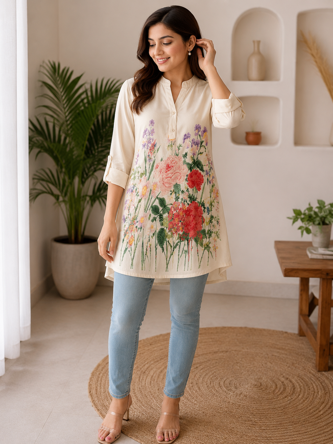 Jaipuri Floral Print Cotton Cambric Kurti Top with 3/4 Sleeves