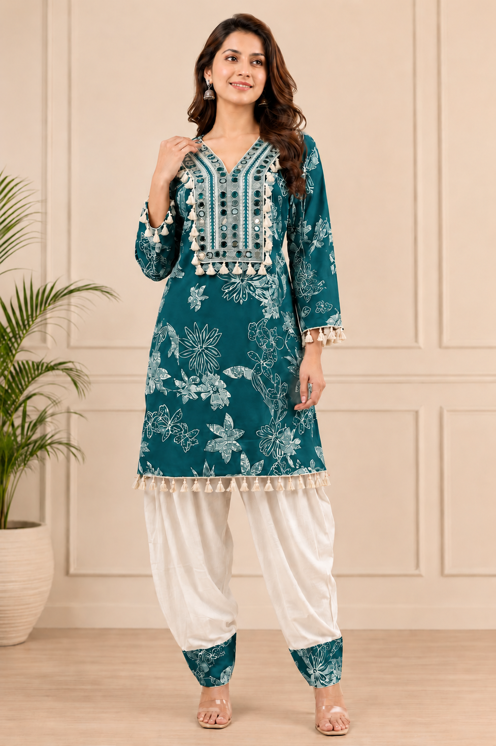 Beautiful Festive Designer Cotton Coord Set with Mirror Work - Free Size