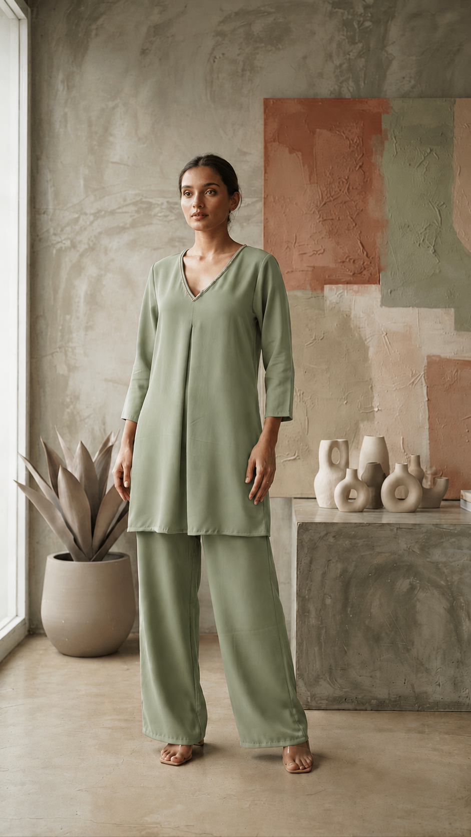 Designer Neck Work Co-Ord Set - Rust model shot