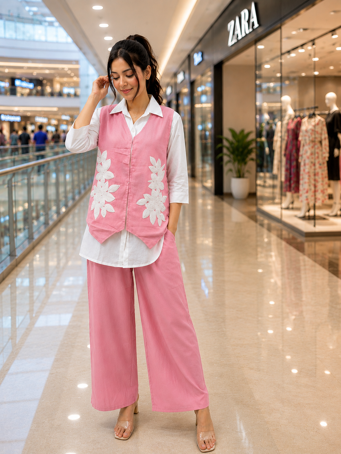 3PC Floral Appliqué Vest, Shirt & Trouser Co-ord Set