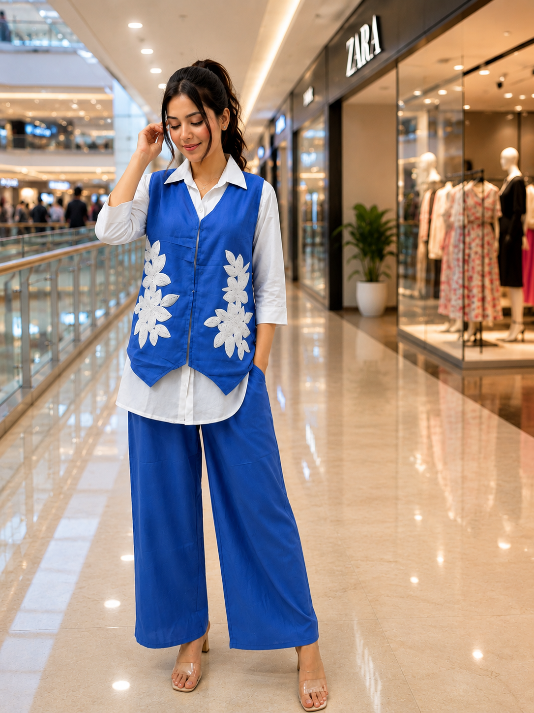 3PC Floral Appliqué Vest, Shirt & Trouser Co-ord Set