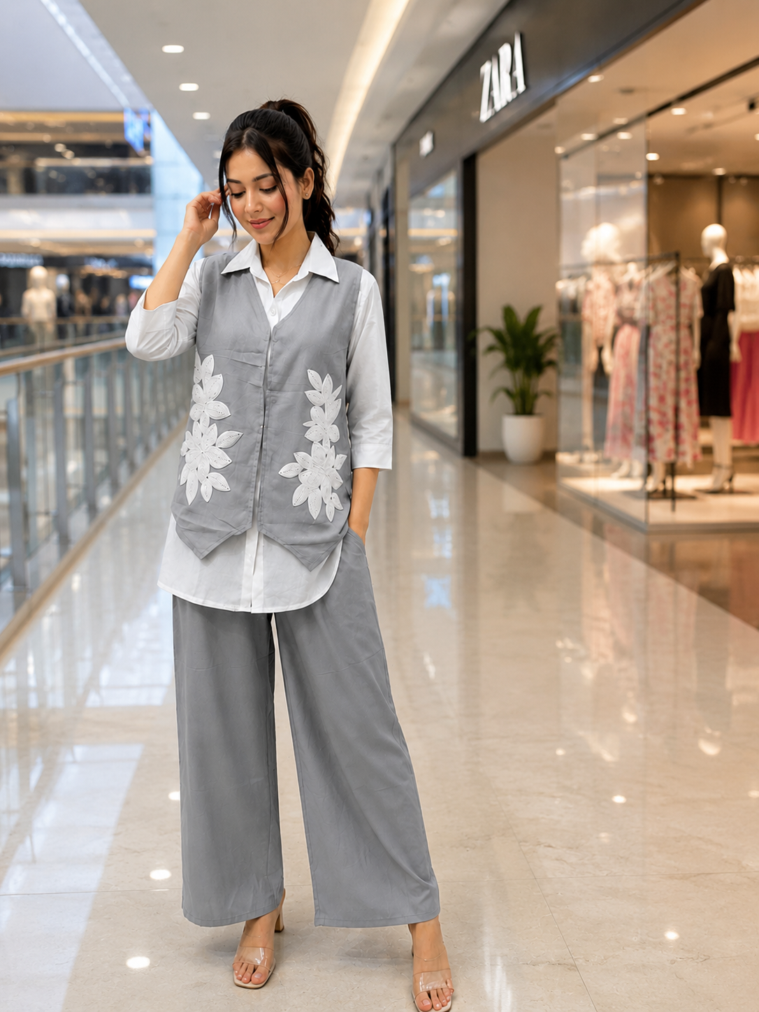 3PC Floral Appliqué Vest, Shirt & Trouser Co-ord Set