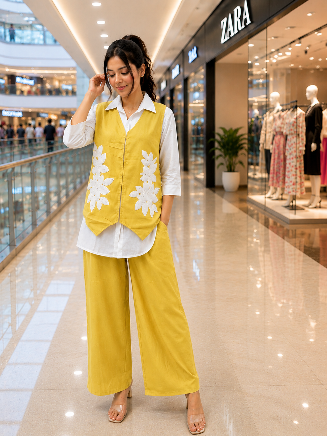 3PC Floral Appliqué Vest, Shirt & Trouser Co-ord Set