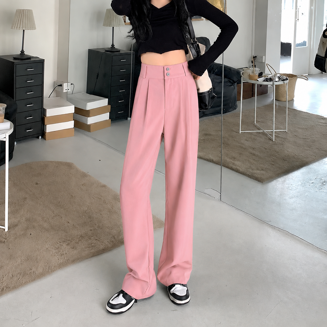 Korean Formal High-Waist Wide-Leg Trousers - Barbie Fabric