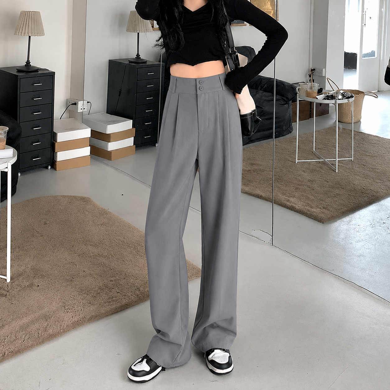 Korean Formal High-Waist Wide-Leg Trousers - Barbie Fabric