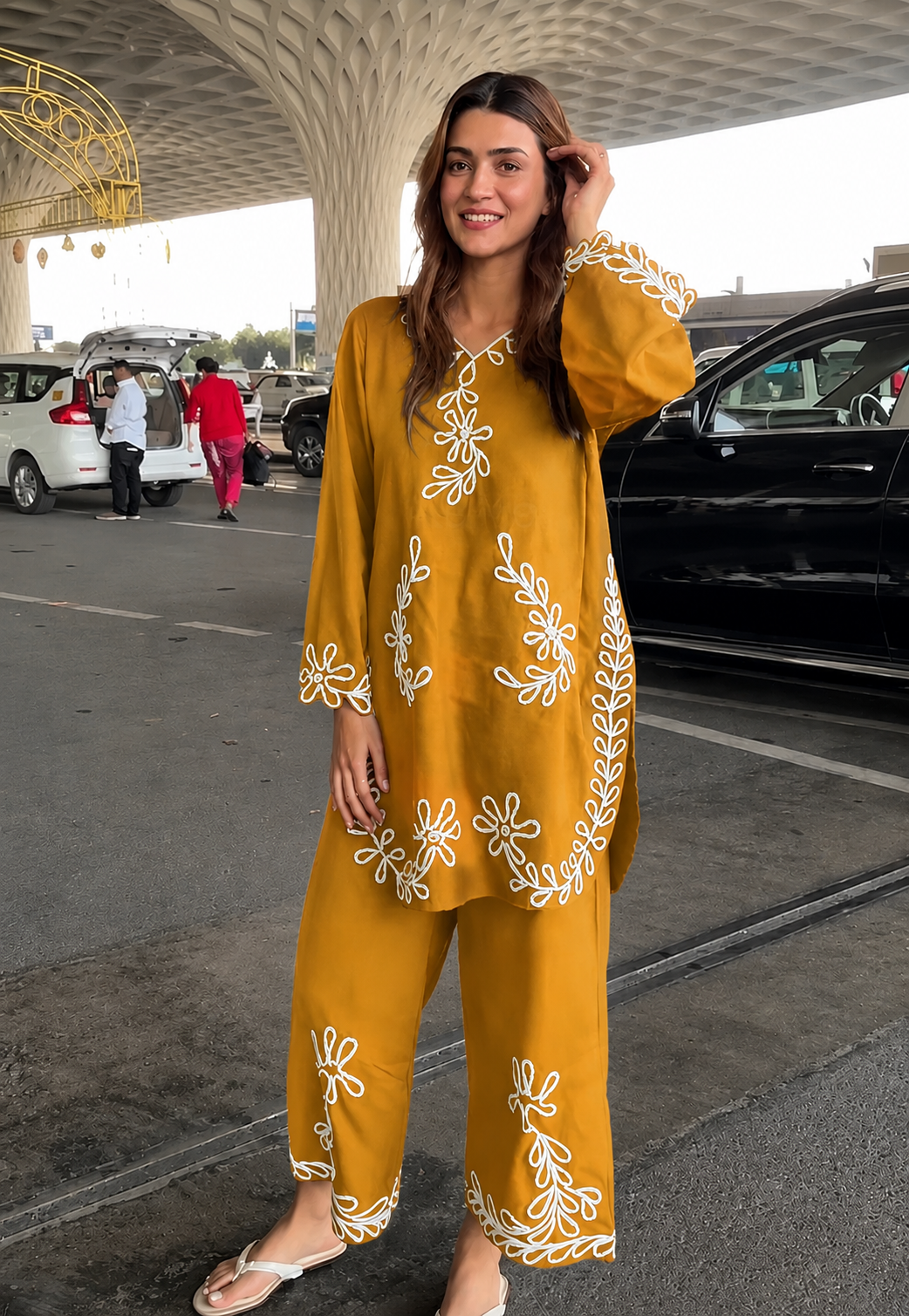 Premium Embroidered Linen Cotton Co-ord Set - White Floral Threadwork