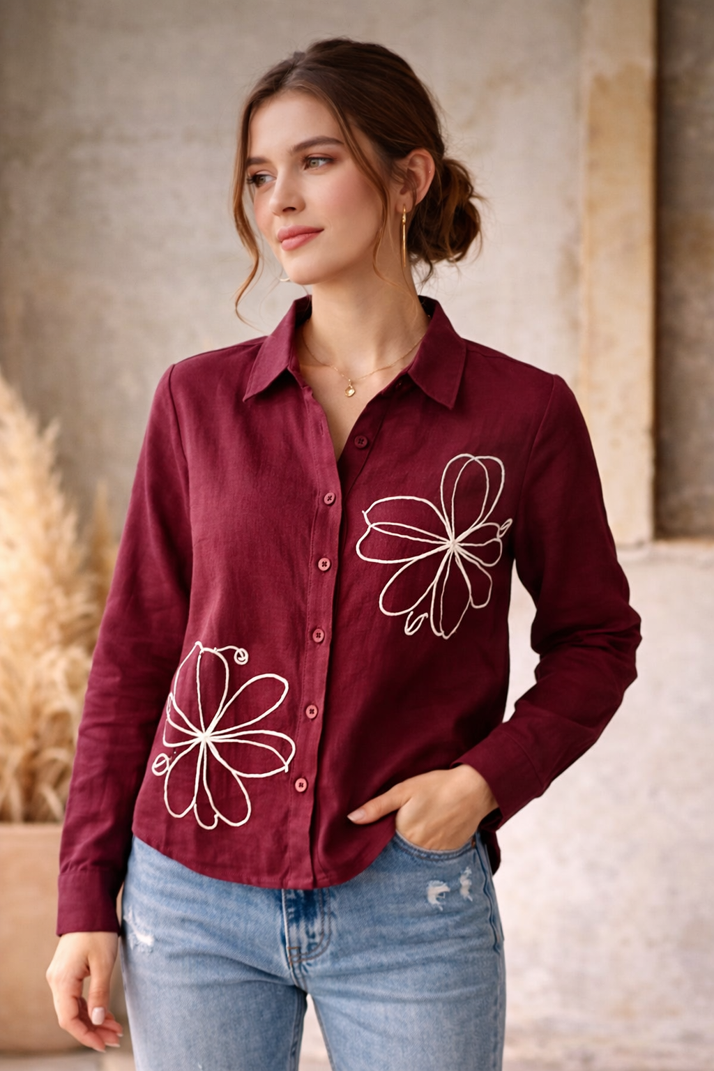 Floral Embroidered Long Sleeve Shirt