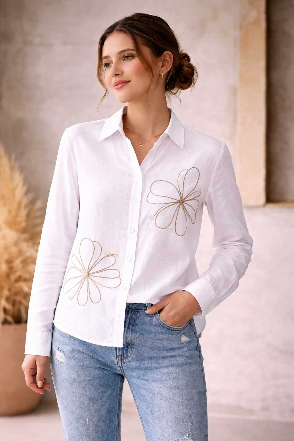 Floral Embroidered Long Sleeve Shirt