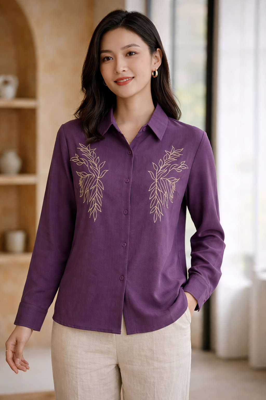 Leaf Embroidered Long Sleeve Shirt