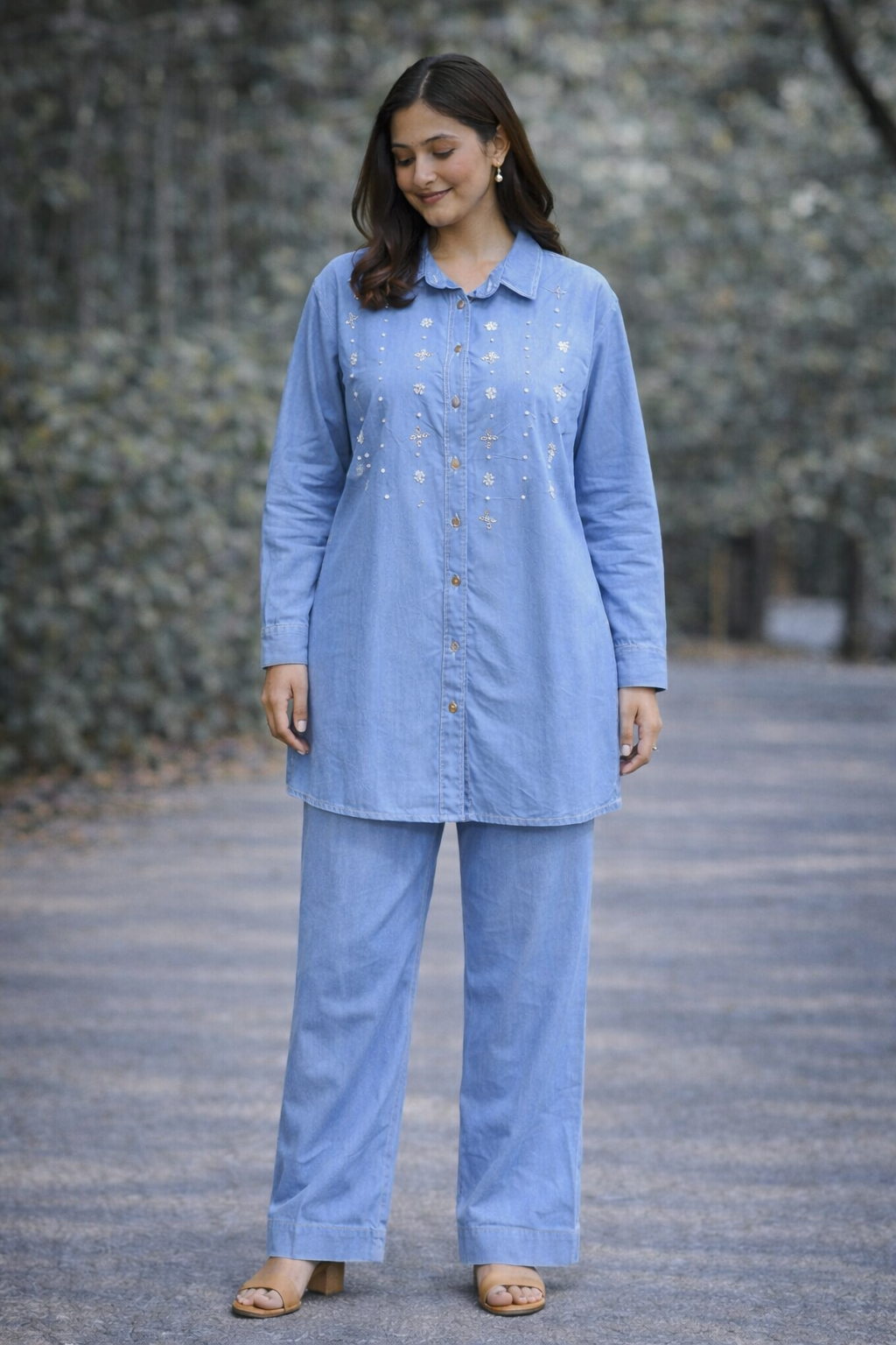 Denim Coord Set with Pearl Embellishments