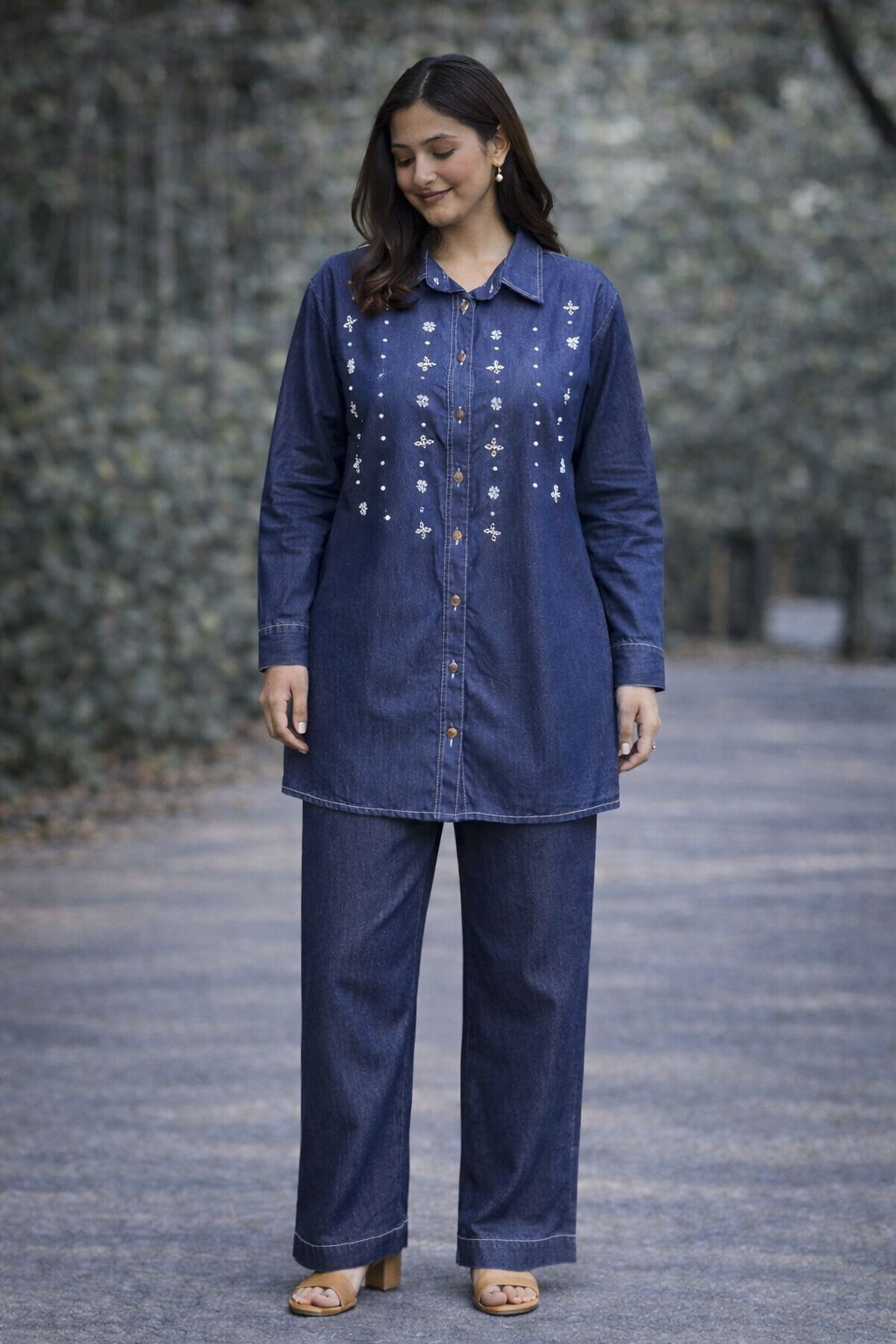 Denim Coord Set with Pearl Embellishments