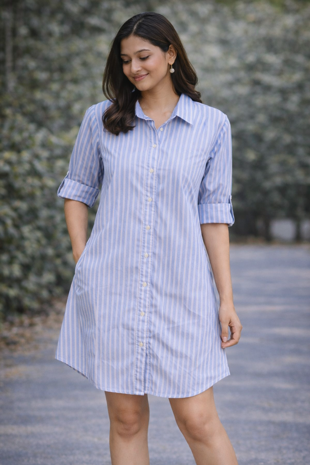 Long Striped & Checked Cotton Shirt Dress