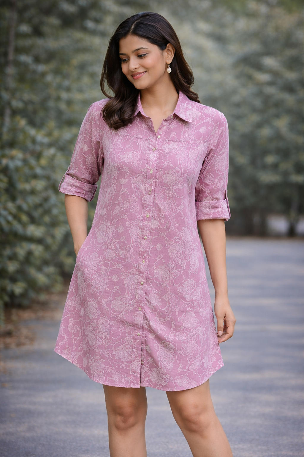 Long Striped & Checked Cotton Shirt Dress