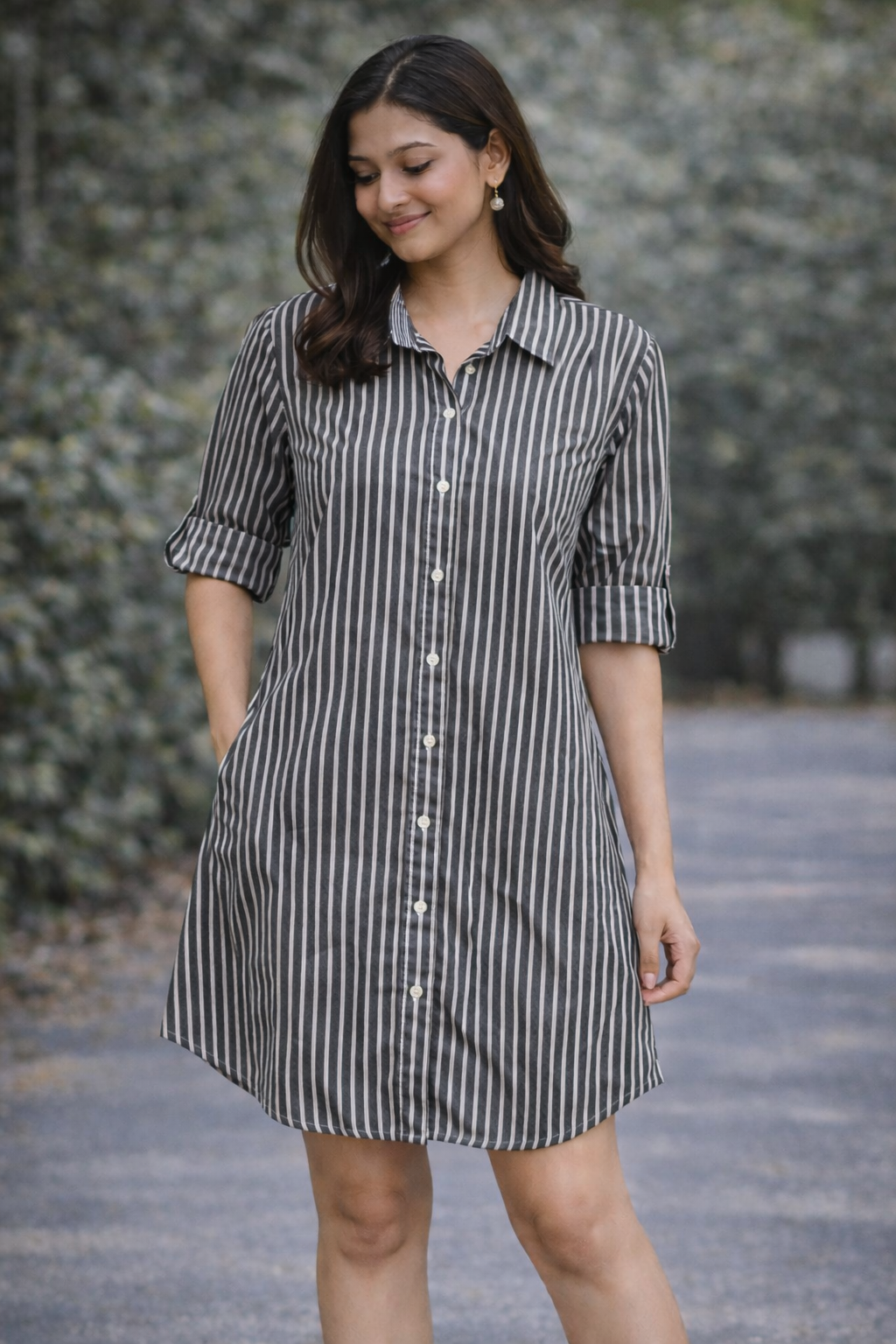 Long Striped & Checked Cotton Shirt Dress