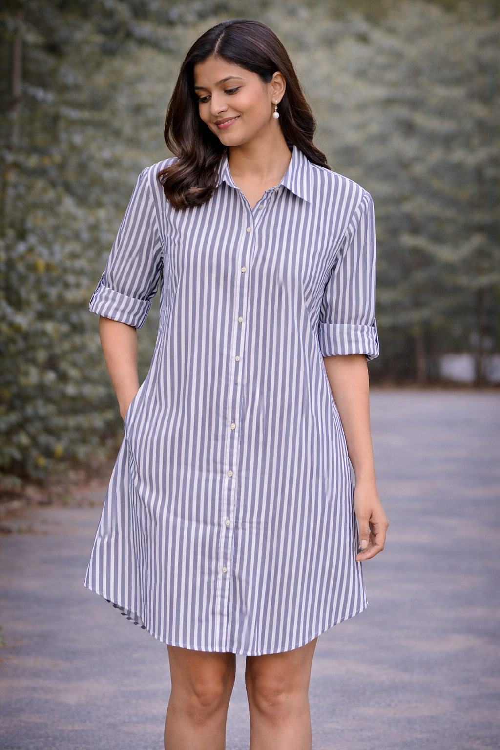 Long Striped & Checked Cotton Shirt Dress