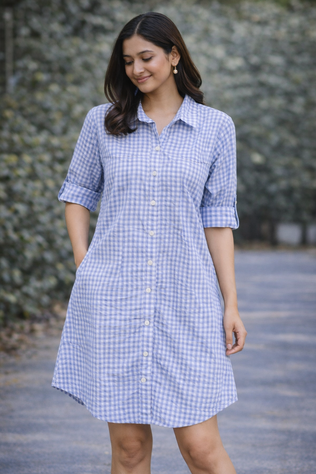 Long Striped & Checked Cotton Shirt Dress