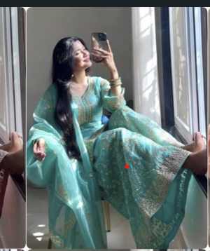 GMY Silk Embroidered Designer Party Wear Top, Plazzo & Dupatta Set
