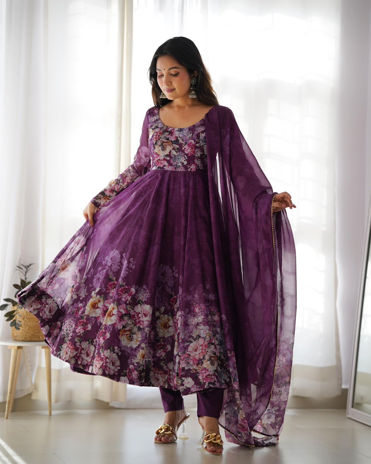 Pure Soft Organza Silk Floral Anarkali with Pant & Dupatta Set