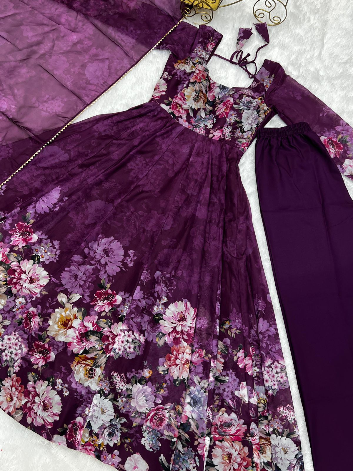 Pure Soft Organza Silk Floral Anarkali with Pant & Dupatta Set