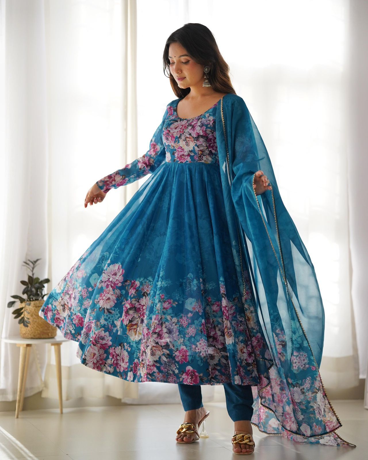 Pure Soft Organza Silk Floral Anarkali with Pant & Dupatta Set