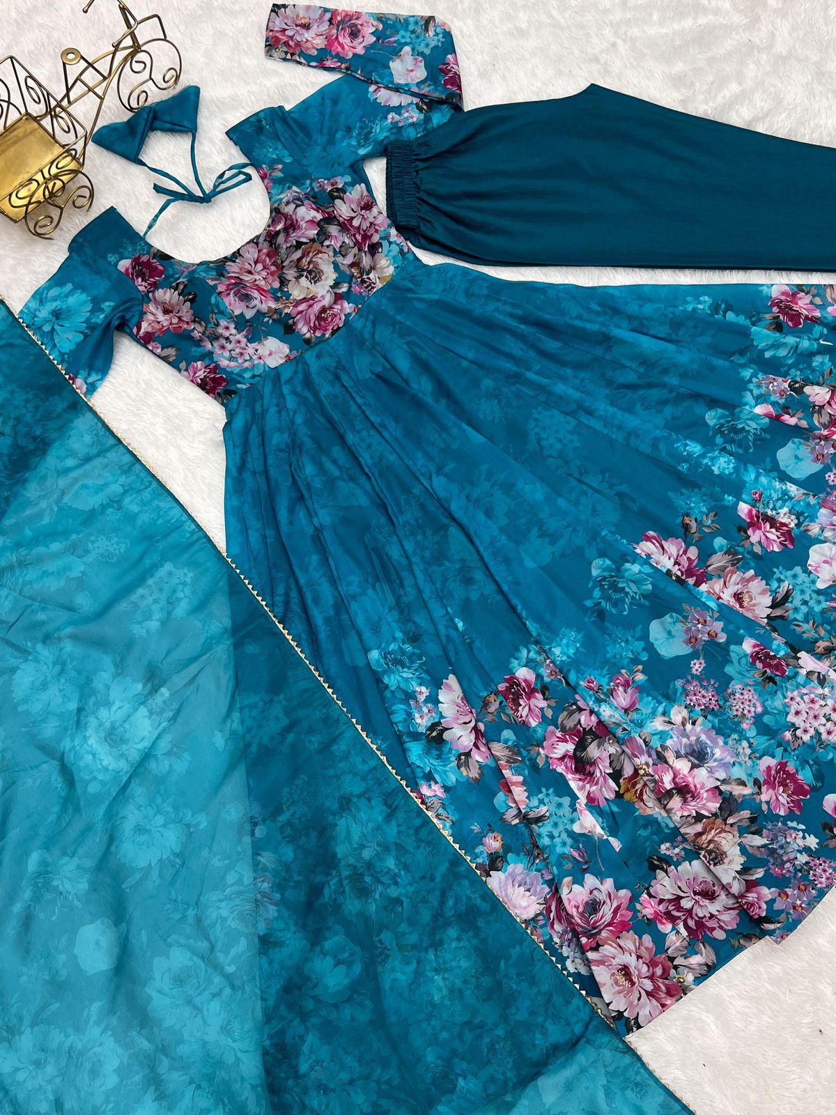 Pure Soft Organza Silk Floral Anarkali with Pant & Dupatta Set