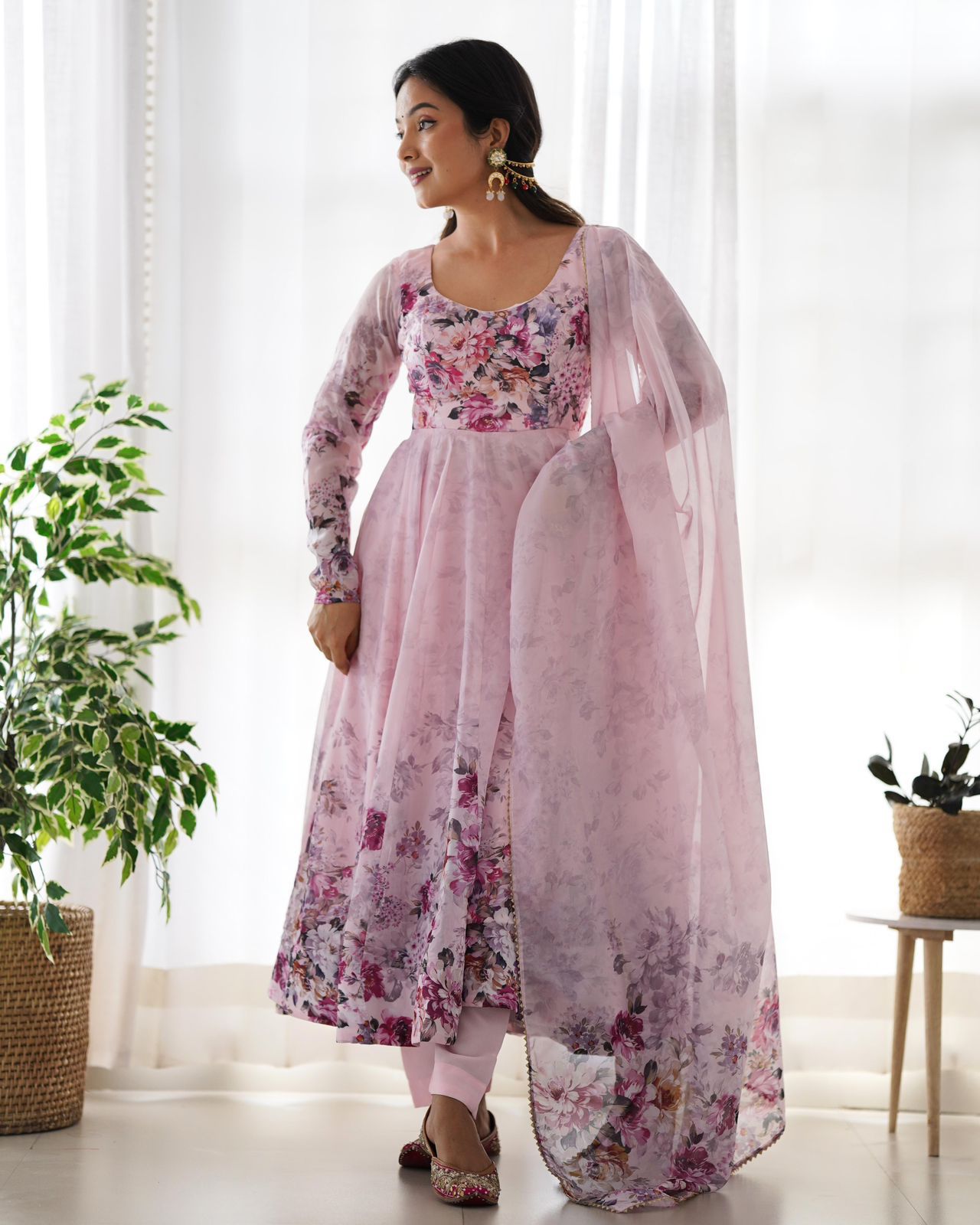 Pure Soft Organza Silk Floral Anarkali with Pant & Dupatta Set