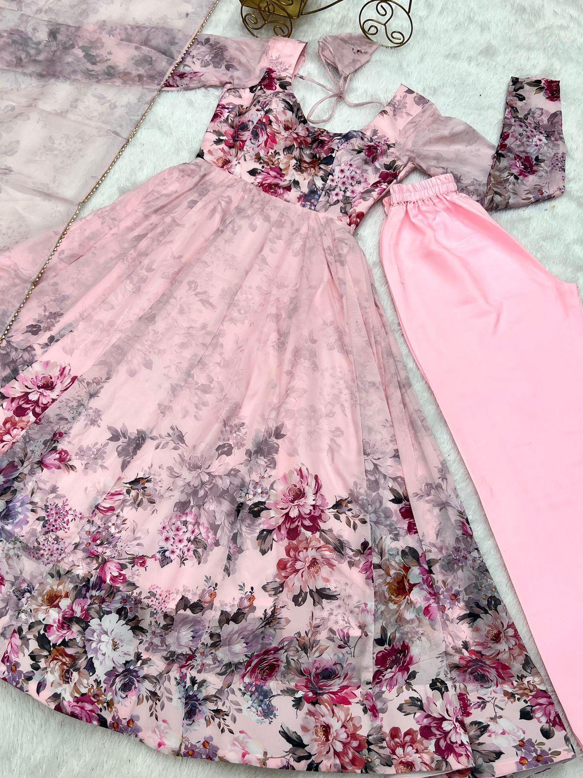 Pure Soft Organza Silk Floral Anarkali with Pant & Dupatta Set