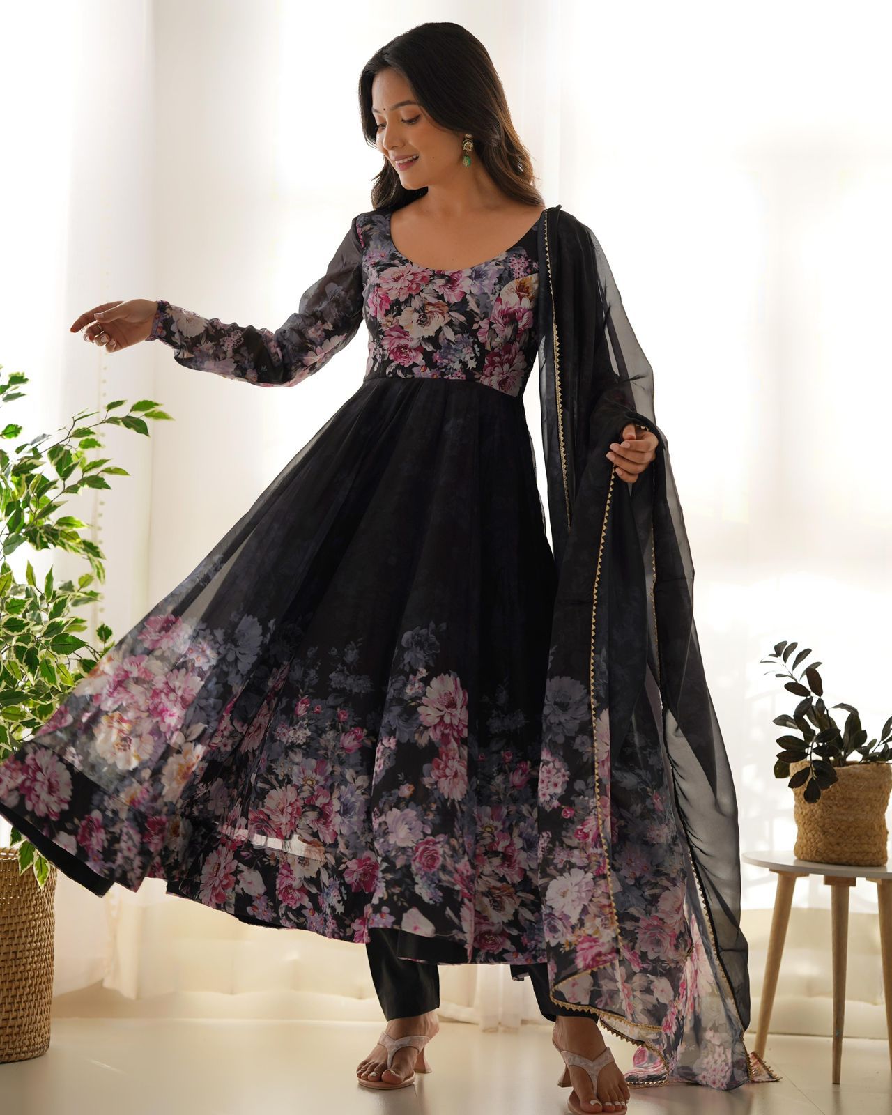 Pure Soft Organza Silk Floral Anarkali with Pant & Dupatta Set