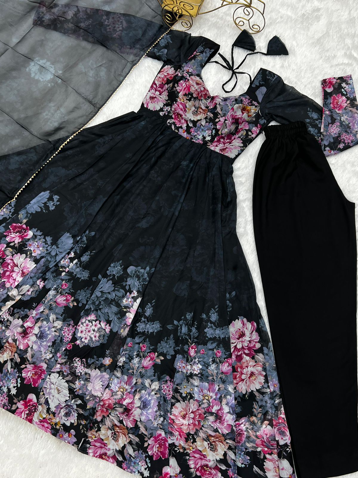 Pure Soft Organza Silk Floral Anarkali with Pant & Dupatta Set
