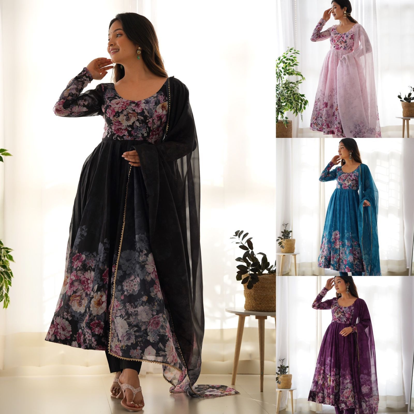 Pure Soft Organza Silk Floral Anarkali with Pant & Dupatta Set