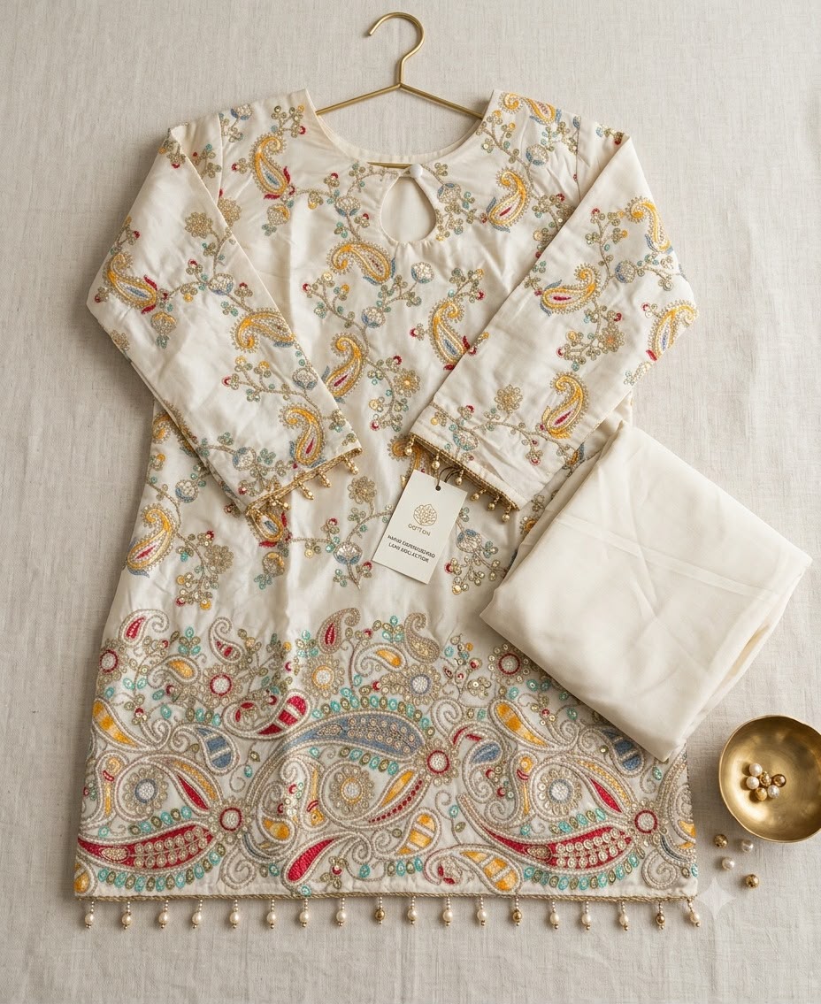 Designer Heavy French Crepe Silk Rose Gold Coding Embroidery Kurta Set with Pant