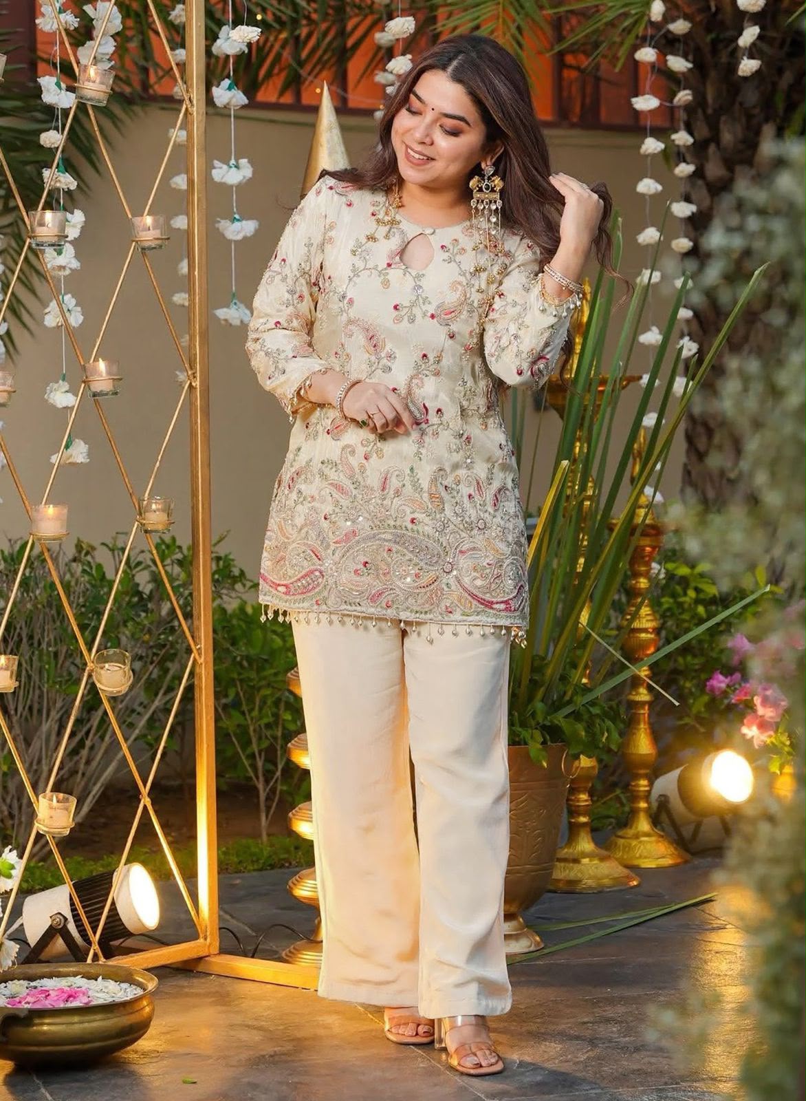 Designer Heavy French Crepe Silk Rose Gold Coding Embroidery Kurta Set with Pant