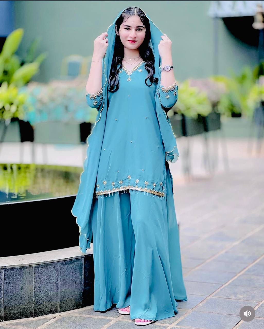 Fox Georgette Sharara Set - Heavy Embroidery Sequence Work with Dupatta