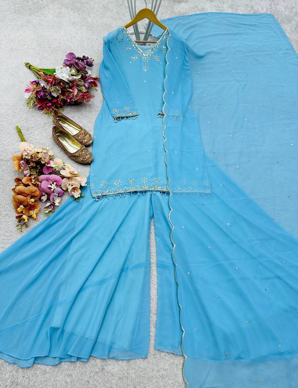 Fox Georgette Sharara Set - Heavy Embroidery Sequence Work with Dupatta