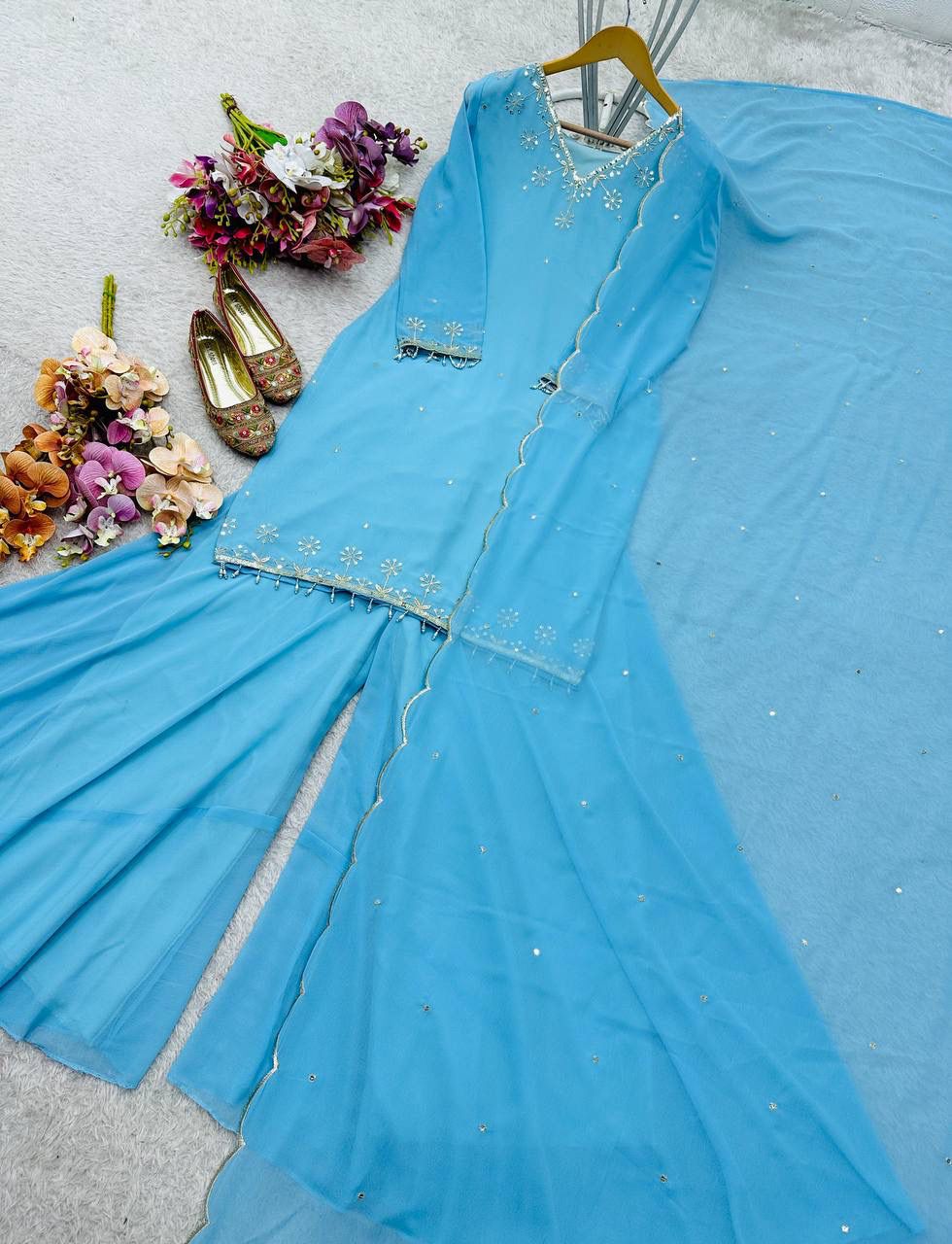 Fox Georgette Sharara Set - Heavy Embroidery Sequence Work with Dupatta
