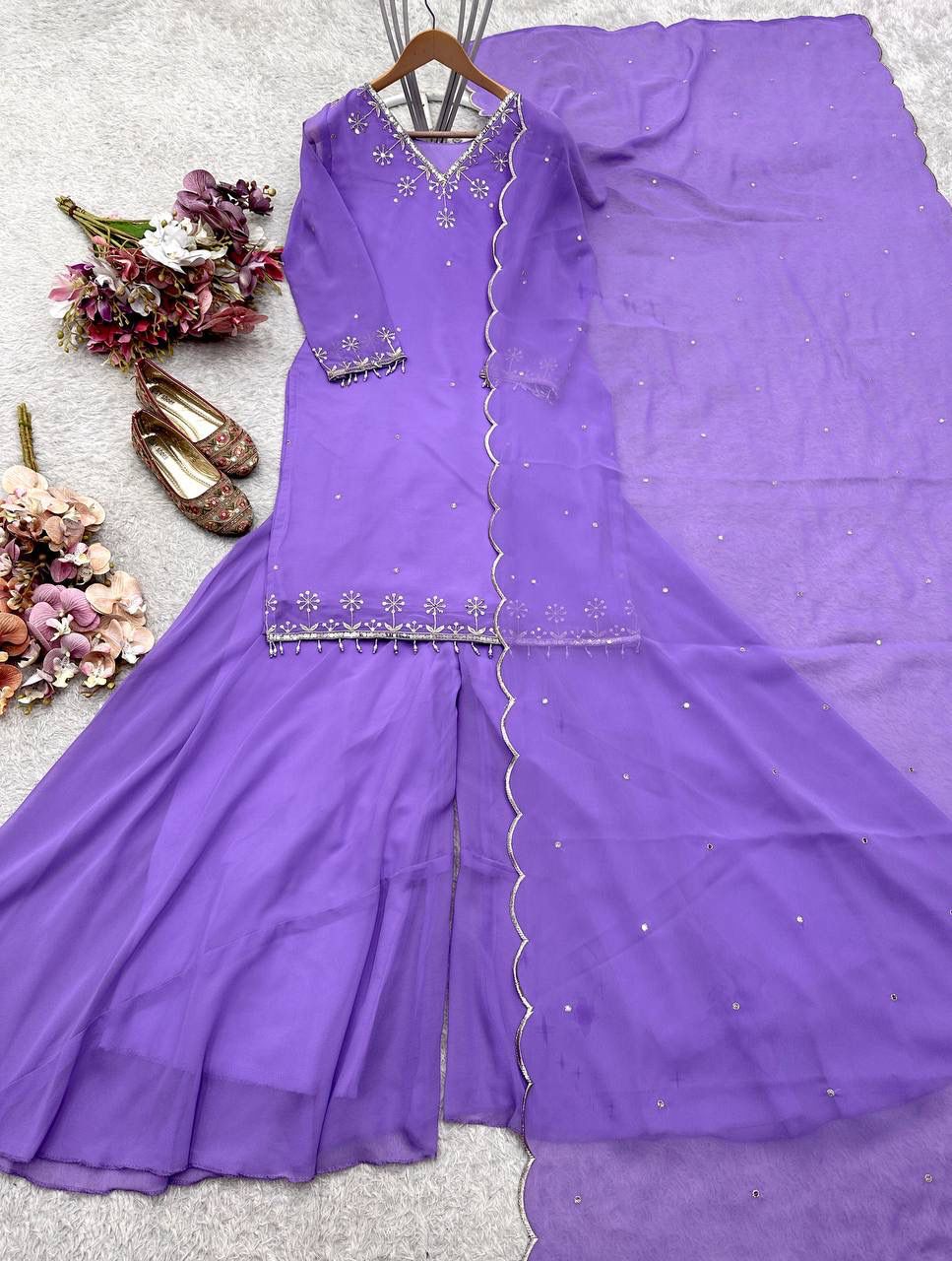 Fox Georgette Sharara Set - Heavy Embroidery Sequence Work with Dupatta
