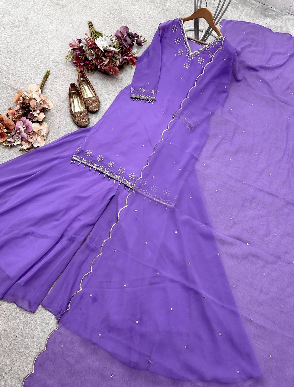 Fox Georgette Sharara Set - Heavy Embroidery Sequence Work with Dupatta