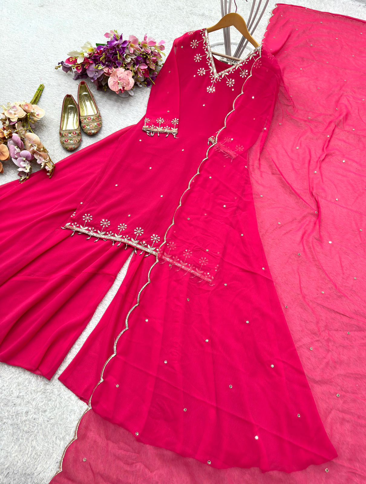Fox Georgette Sharara Set - Heavy Embroidery Sequence Work with Dupatta