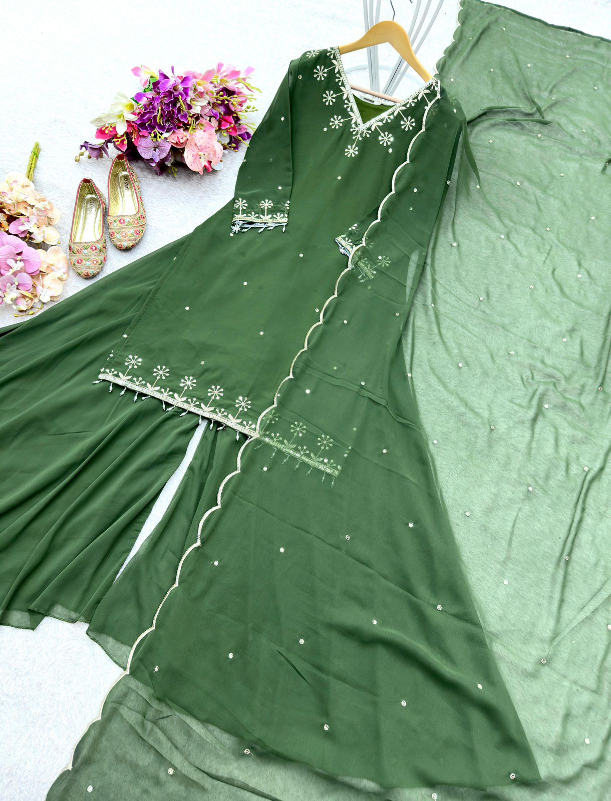 Fox Georgette Sharara Set - Heavy Embroidery Sequence Work with Dupatta