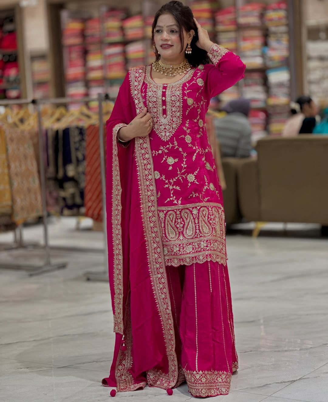 Designer Chinnon Silk Sharara Palazzo Set - Heavy Embroidery Sequence Work with Dupatta