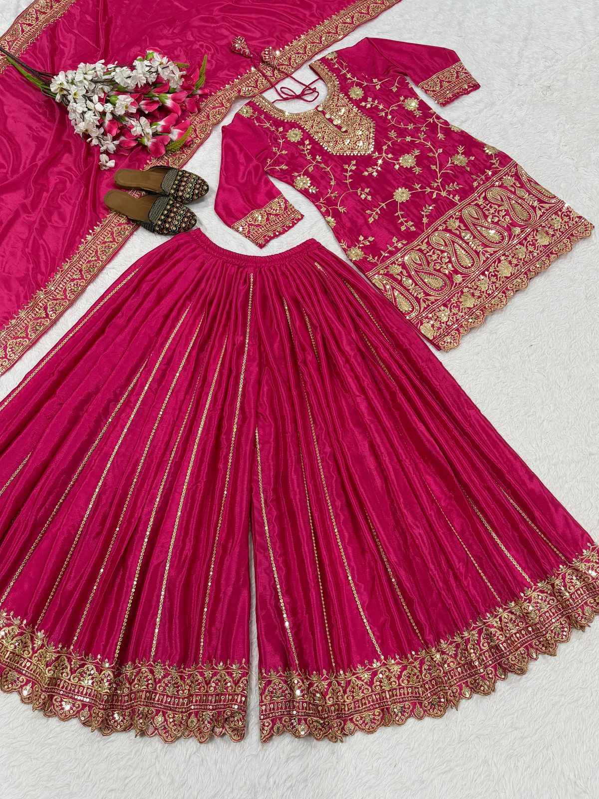 Designer Chinnon Silk Sharara Palazzo Set - Heavy Embroidery Sequence Work with Dupatta