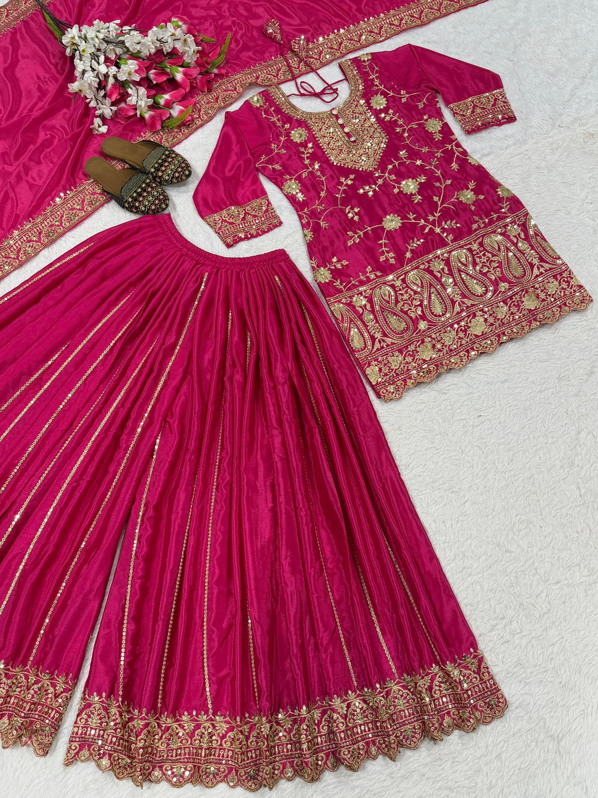Designer Chinnon Silk Sharara Palazzo Set - Heavy Embroidery Sequence Work with Dupatta