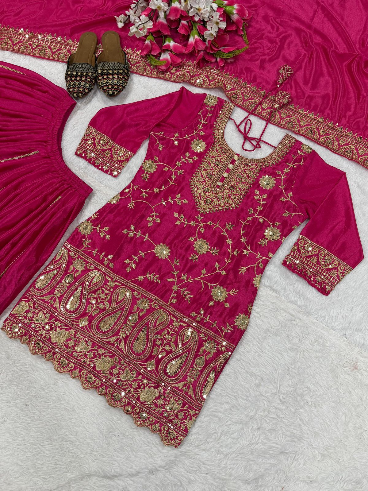 Designer Chinnon Silk Sharara Palazzo Set - Heavy Embroidery Sequence Work with Dupatta
