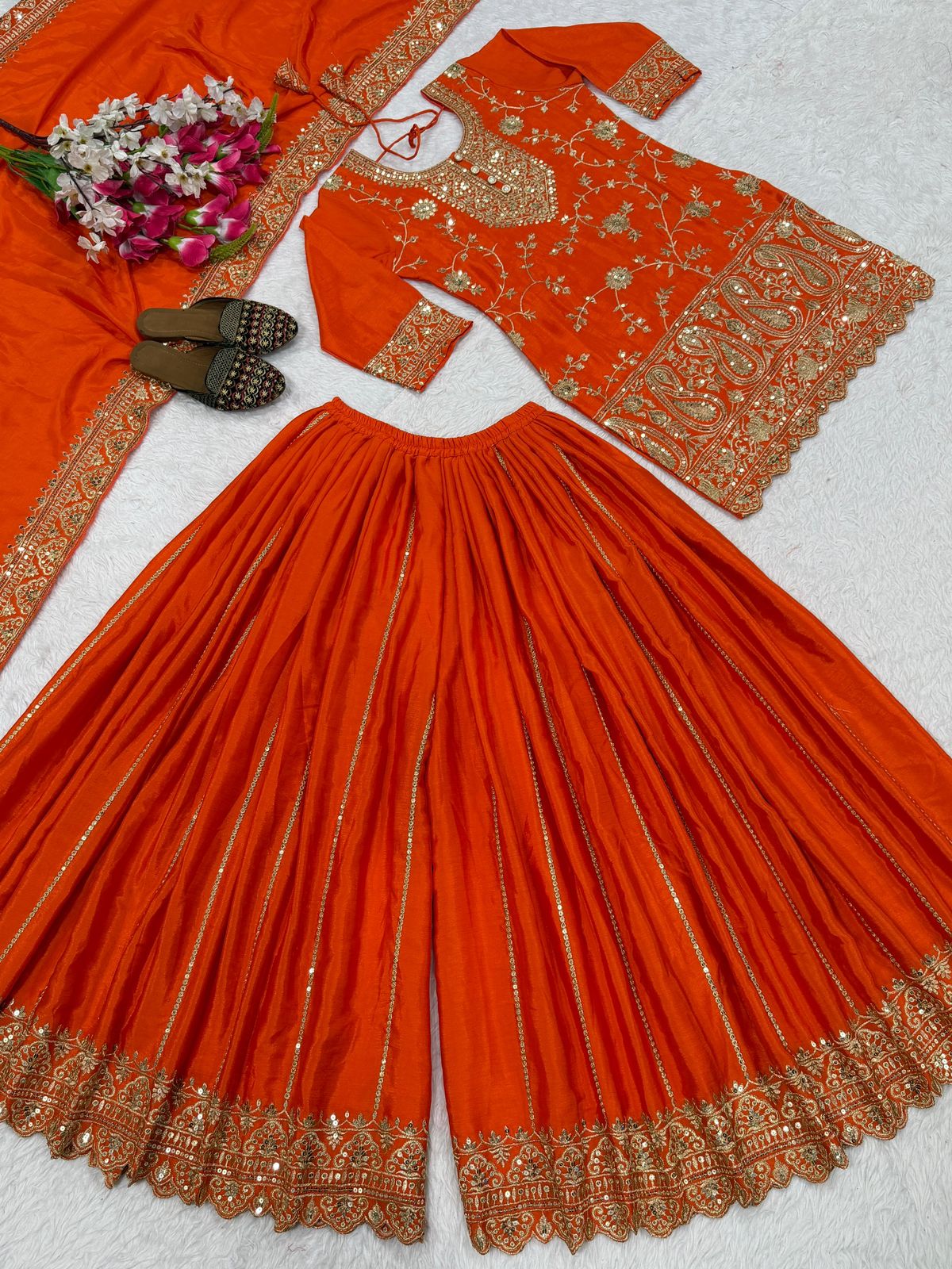 Designer Chinnon Silk Sharara Palazzo Set - Heavy Embroidery Sequence Work with Dupatta