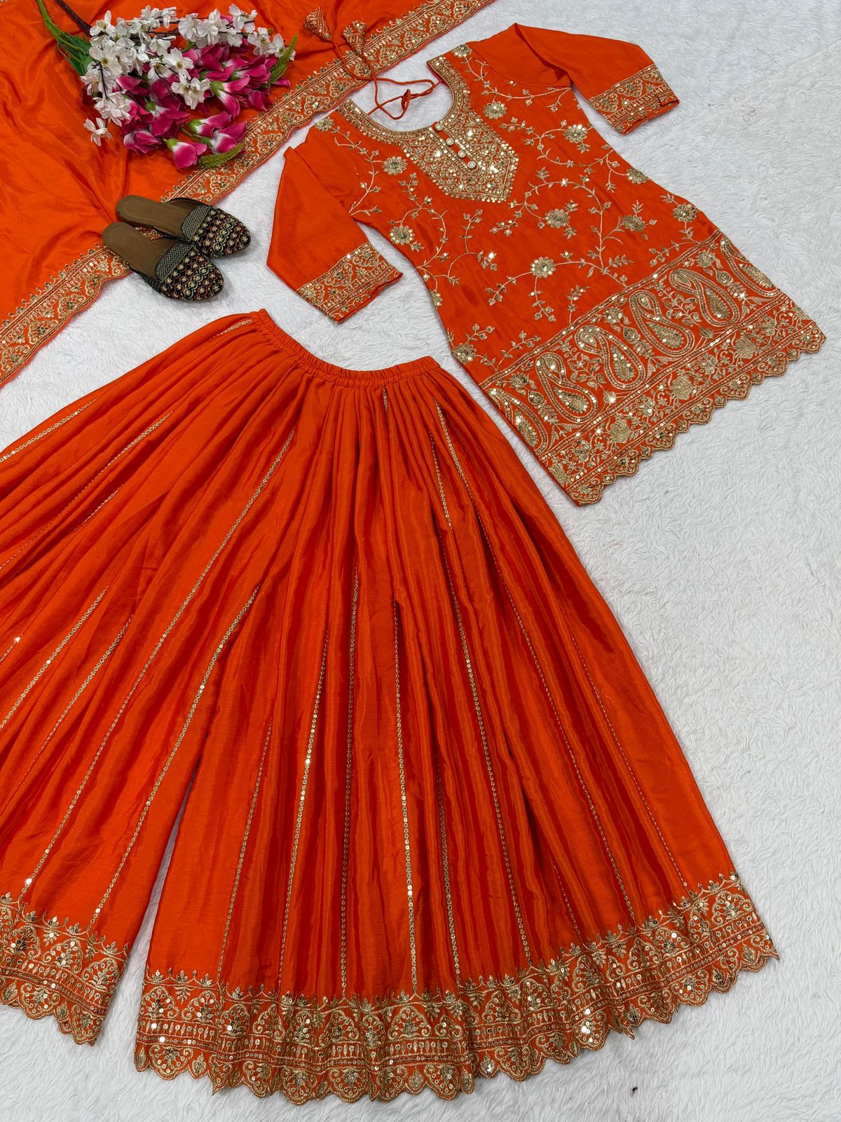 Designer Chinnon Silk Sharara Palazzo Set - Heavy Embroidery Sequence Work with Dupatta