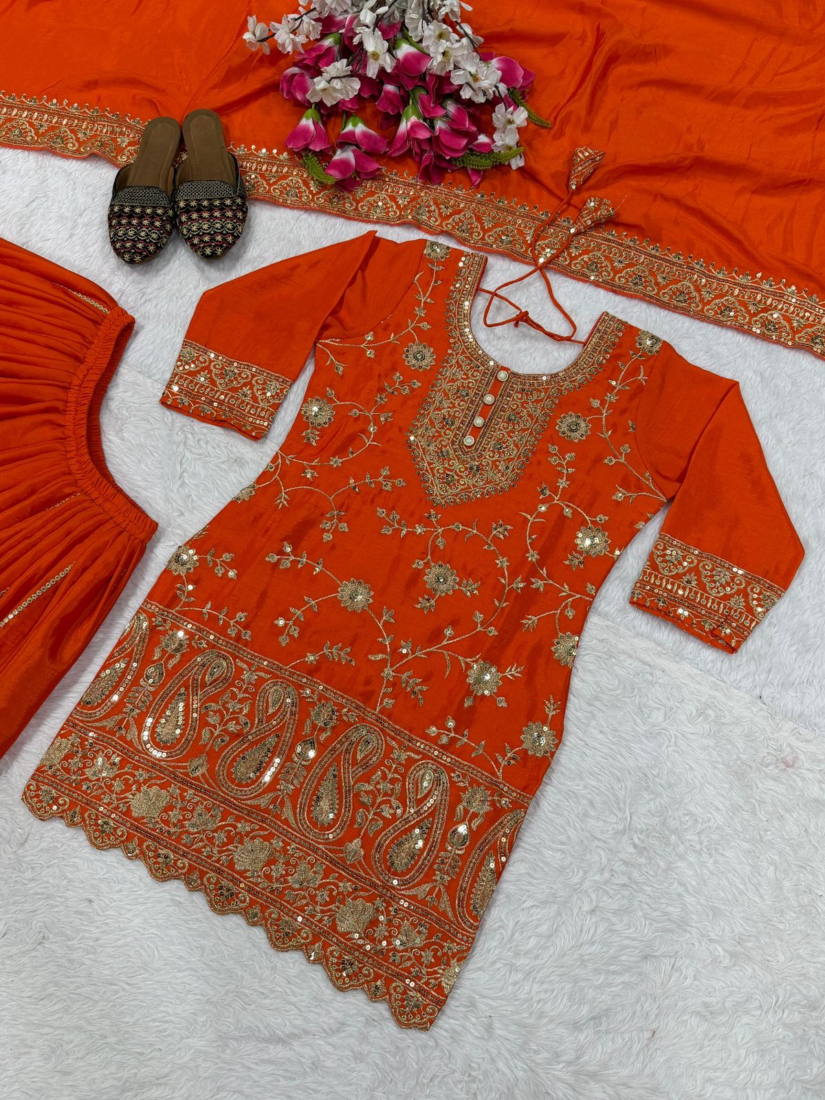 Designer Chinnon Silk Sharara Palazzo Set - Heavy Embroidery Sequence Work with Dupatta