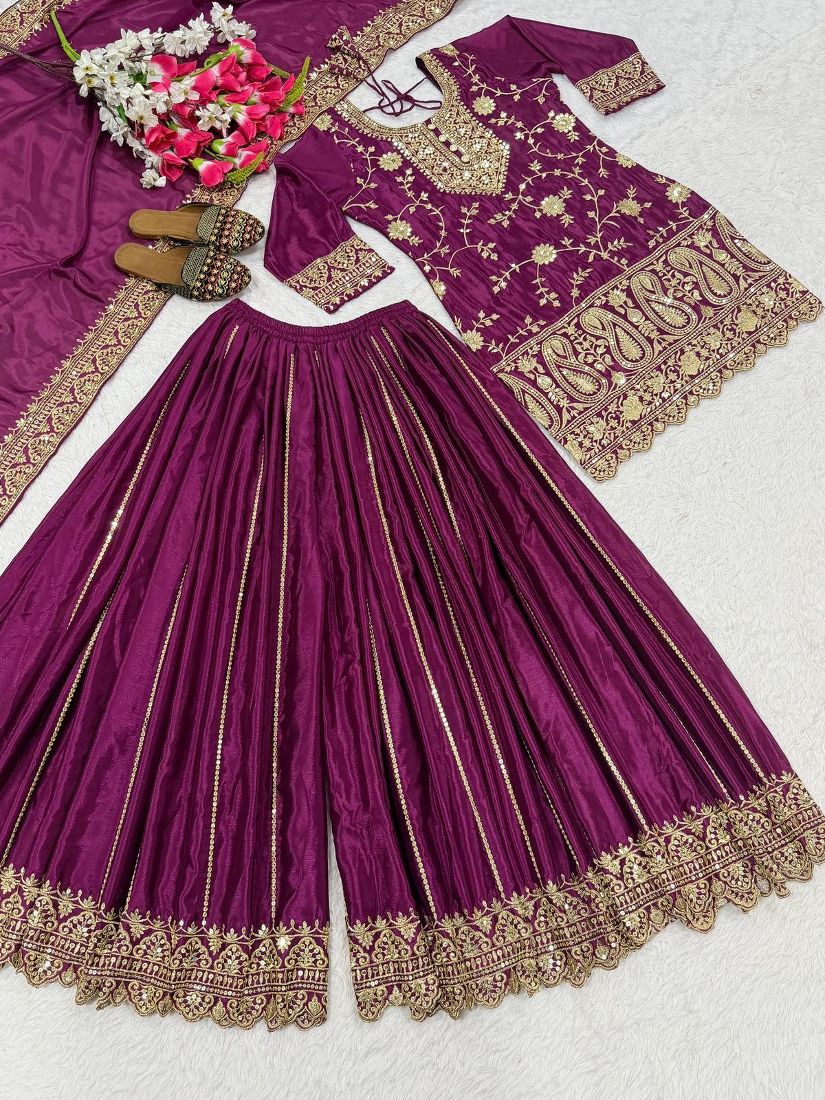 Designer Chinnon Silk Sharara Palazzo Set - Heavy Embroidery Sequence Work with Dupatta